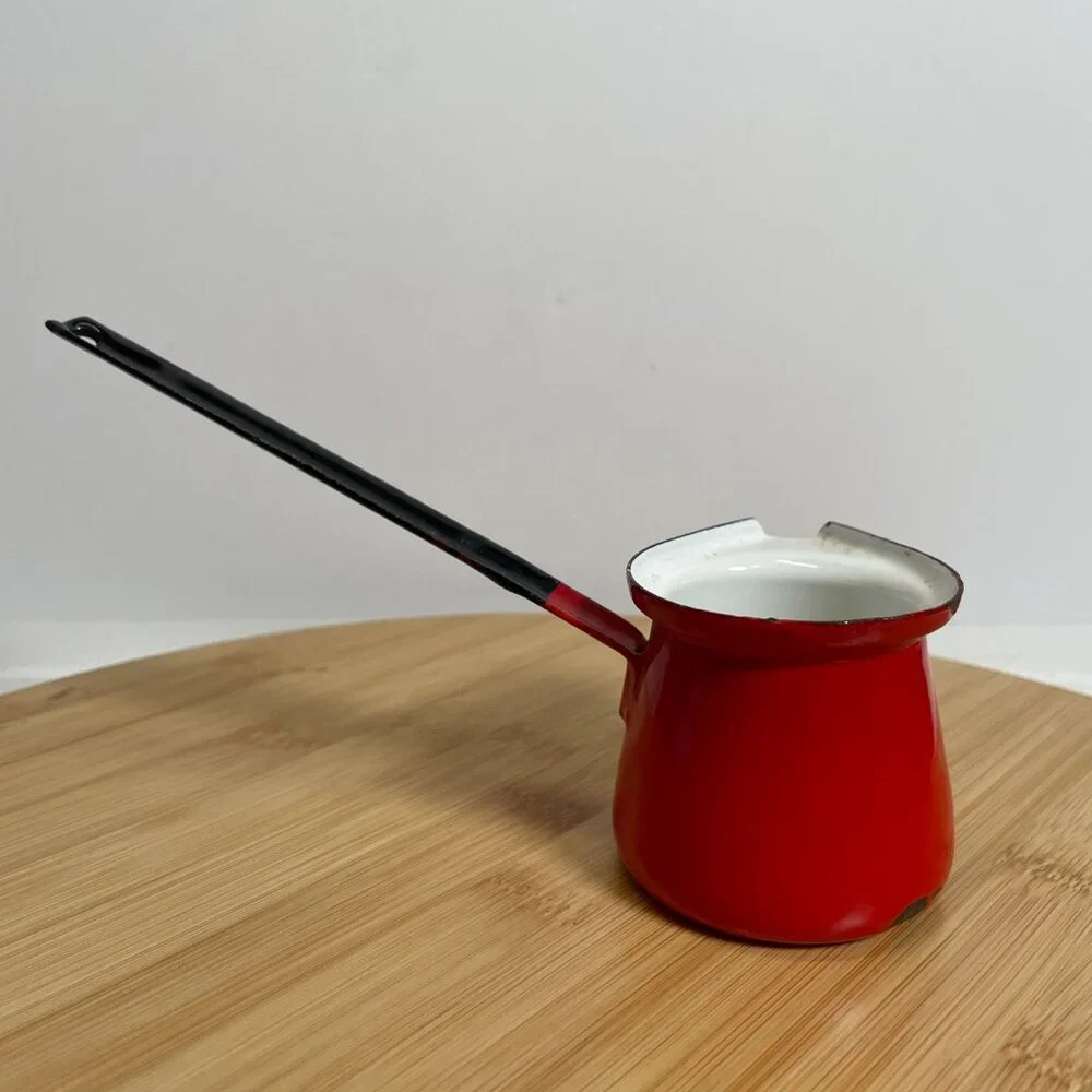 Vintage Red White Enamel Melting Pot Enamelware Butter Syrup Turkish Coffee